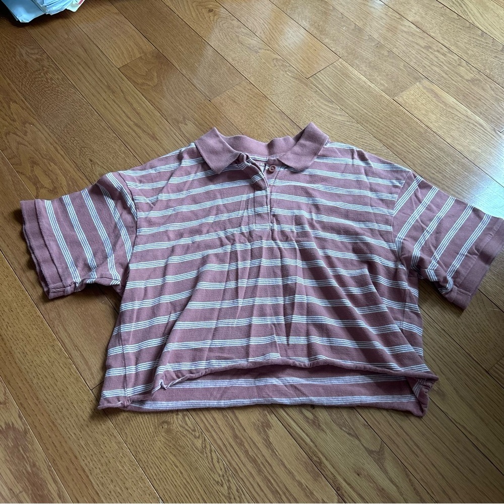American Eagle womens xs crop top Striped pale pink White Polo Shirt collar